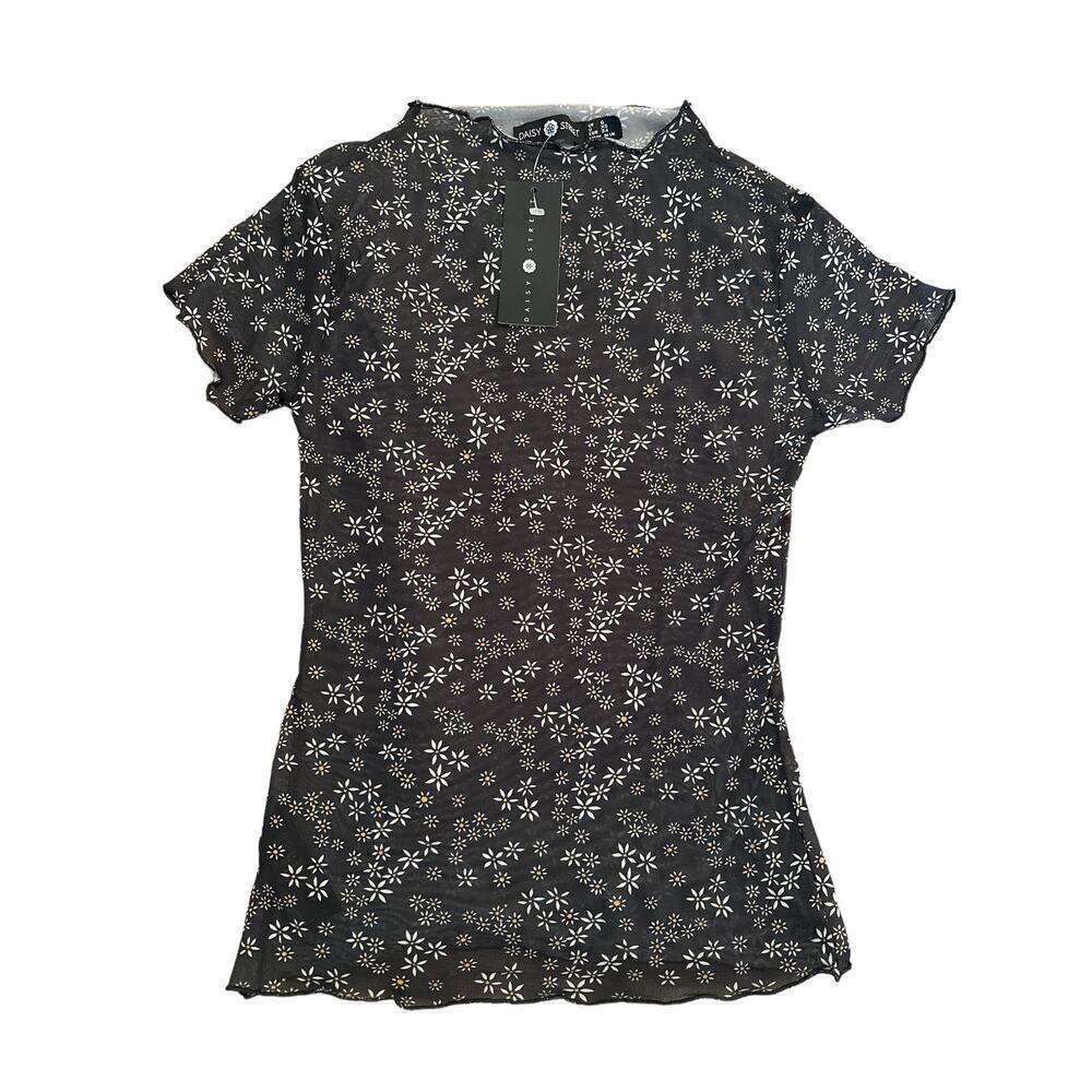 Daisy Street Women's Short Sleeve Mesh Ditsy Floral Pullover Top Sz 6 Black NWT
